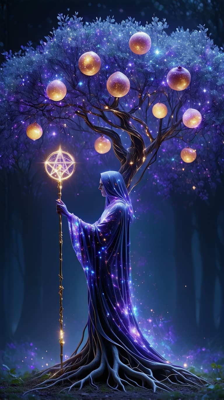 AI generated: A celestial gardener, their body a fusion of amethyst light and golden roots, stands before a massiv...