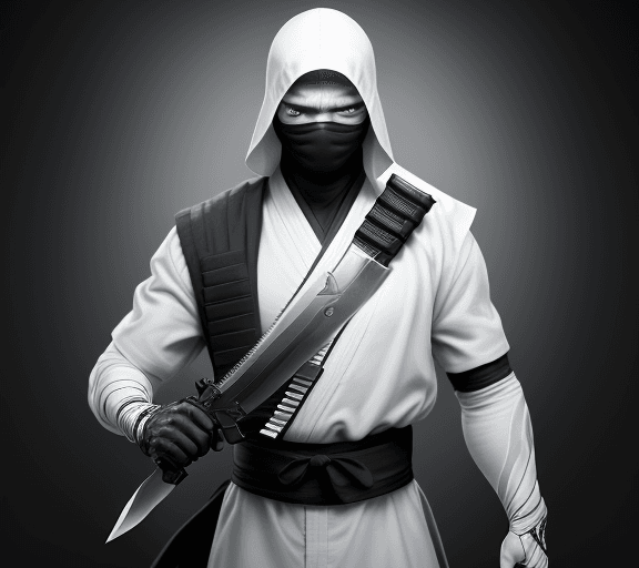 AI generated: Photo of a ultra realistic man, a future ninja in white, with a lot of knifes and guns from the futu...