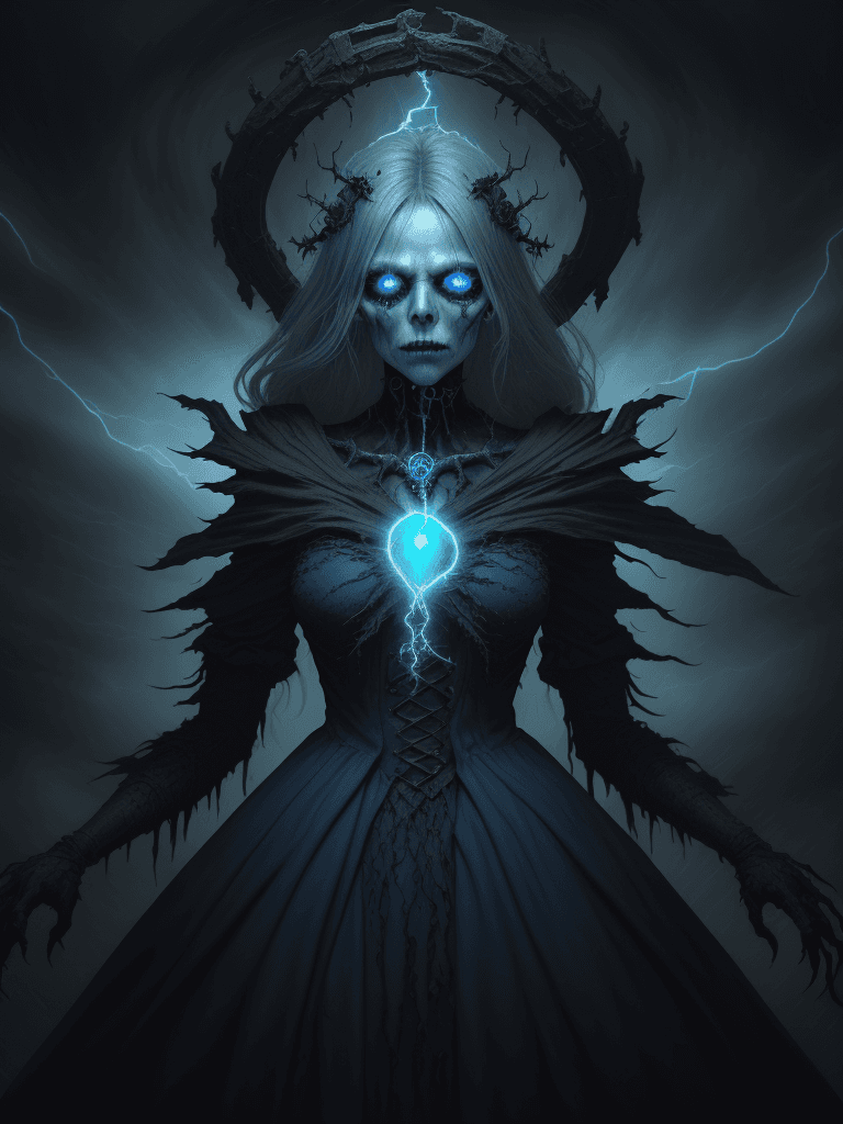 AI generated: "Depict an 8k, hyper-realistic portrait of a mysterious, undead necromancer, standing amidst a swirl...