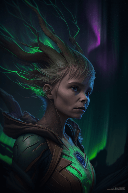AI generated: A stunning portrait of a female groot descending, aurora borealis in the background, centered| intri...