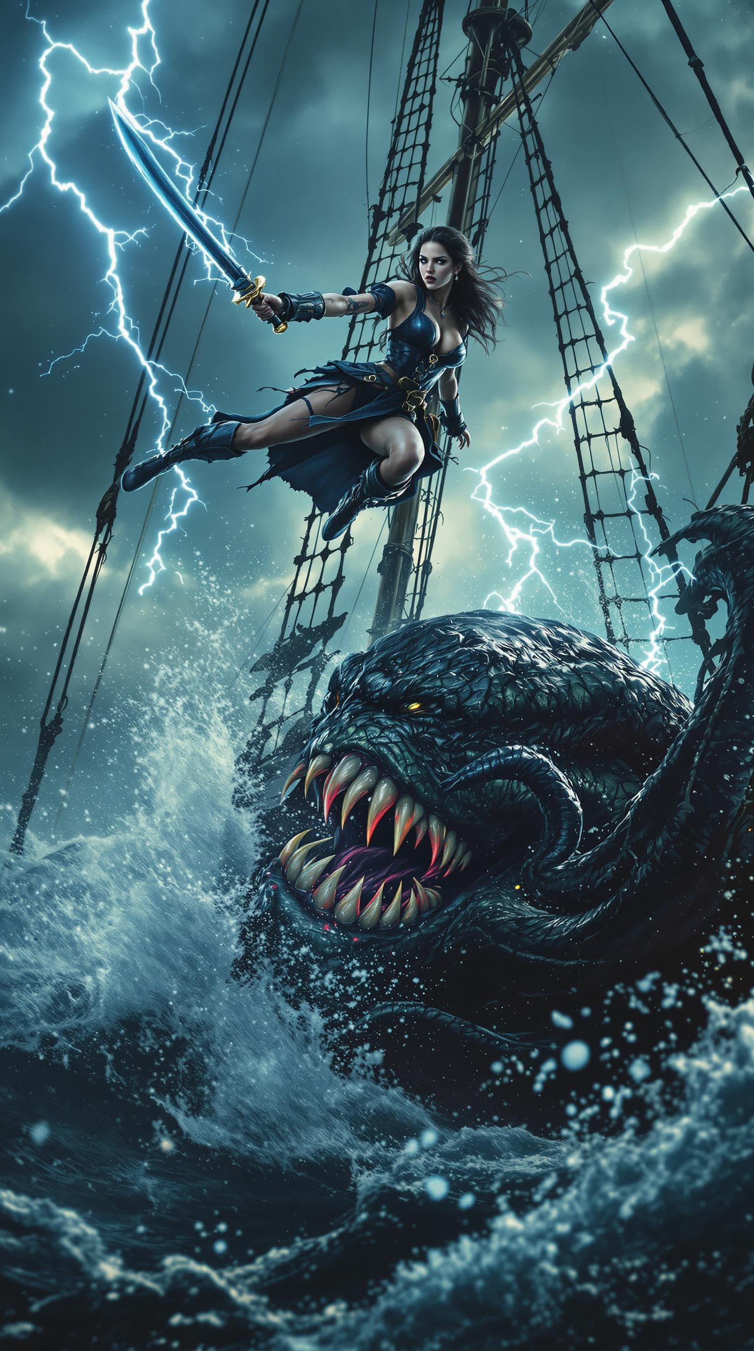 AI generated: Movie quality Side view Action scene: Amidst the tempestuous Caribbean sea, a beautiful but fierce a...