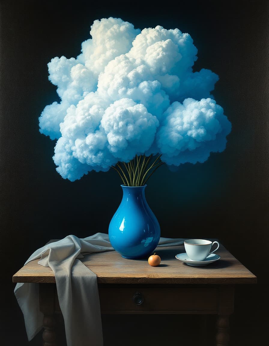 AI generated: A surreal painting inspired by René Magritte. The composition features a reversed still life: the ce...