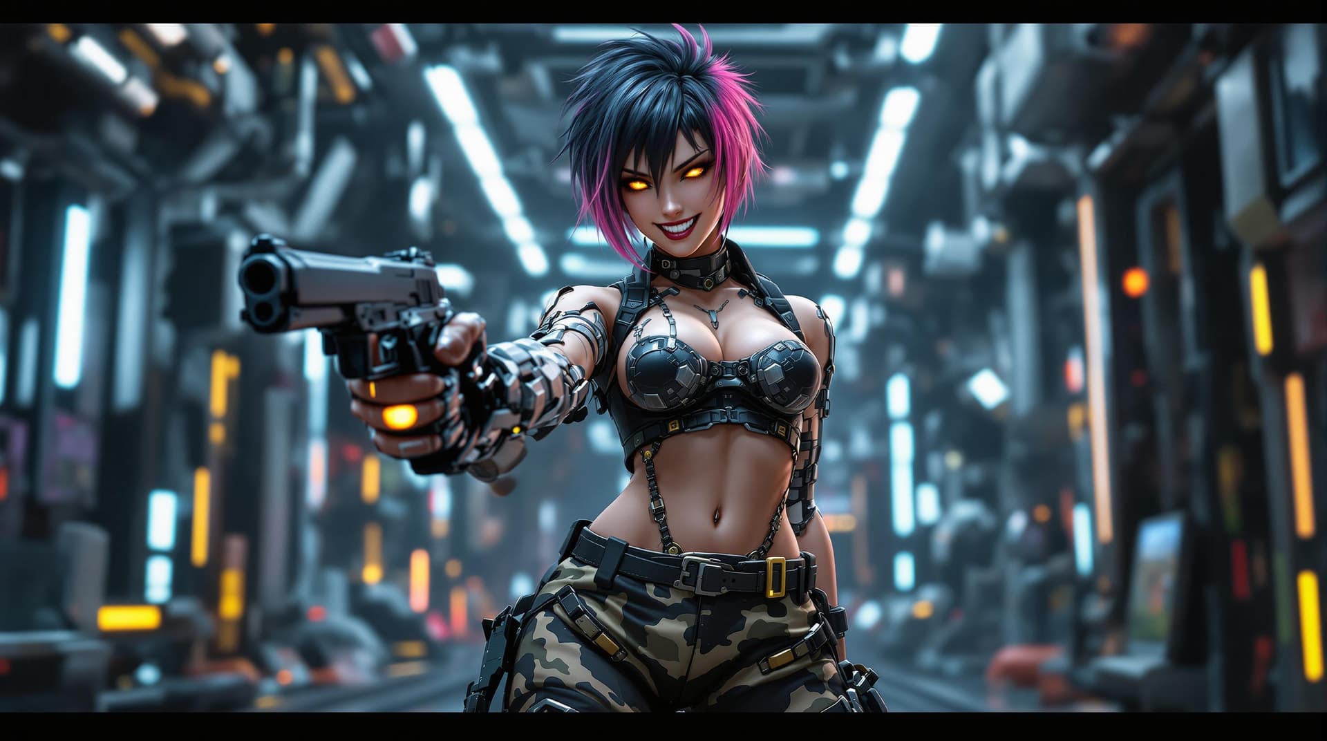 AI generated: The full-body image depicts a futuristic, cybernetic female character with a striking appearance. Sh...