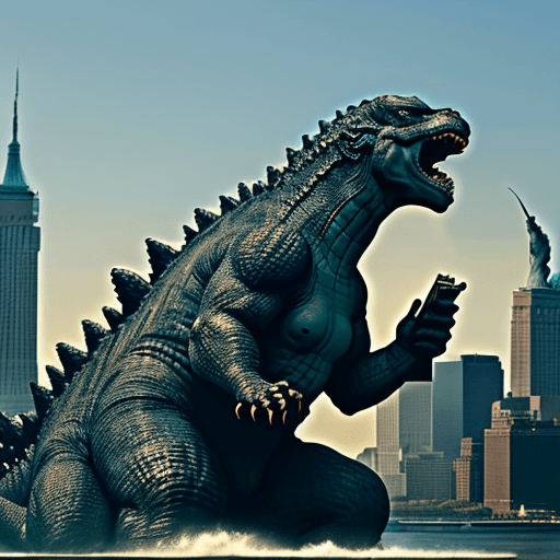 AI generated: Huge Godzilla fighting with alive statue of liberty
