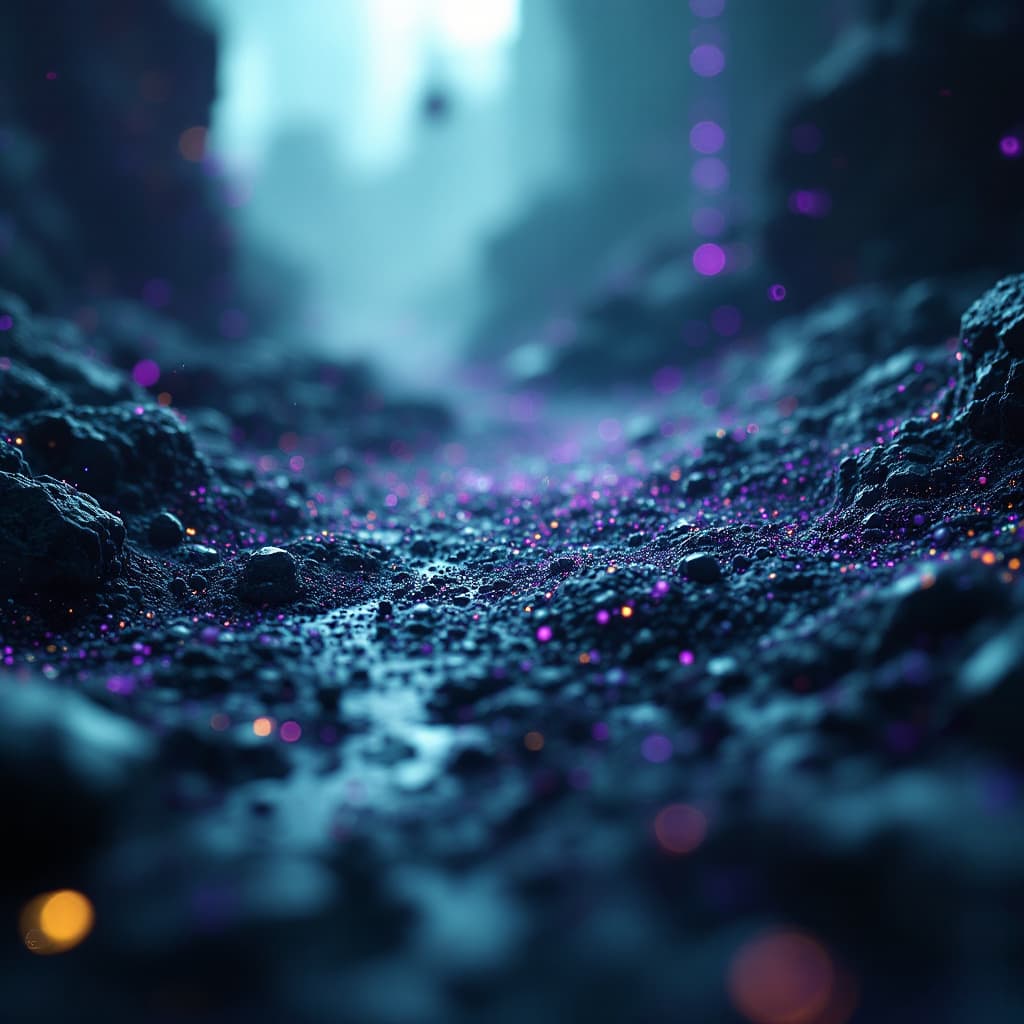 AI generated: futuristic, cyberpunk aesthetic, high ammount of particles, purple green accents, soft diffused high...