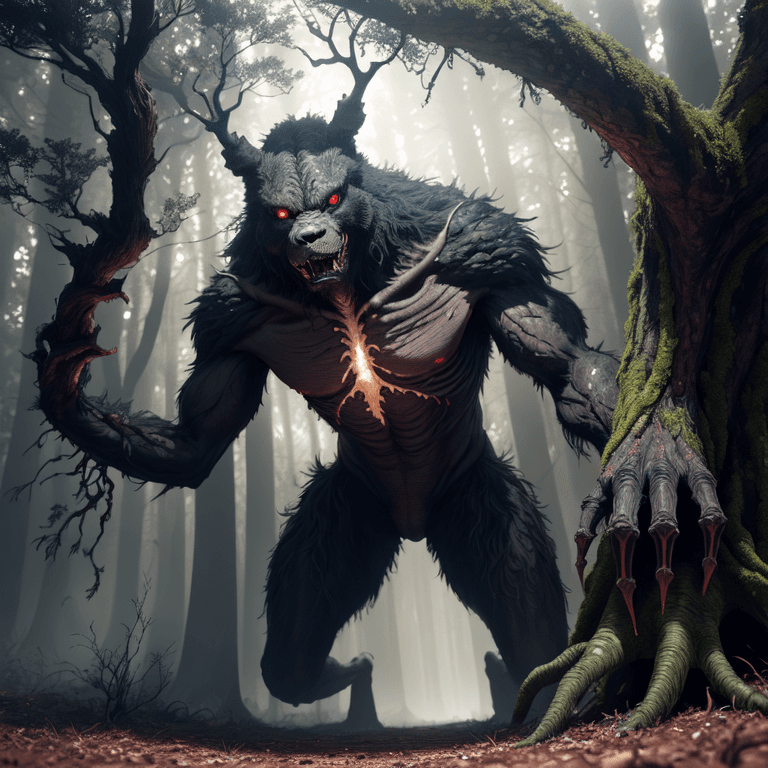 AI generated: creature shaped like a tree peeking through the branches of a tree, reddish eyes, dense and dark for...