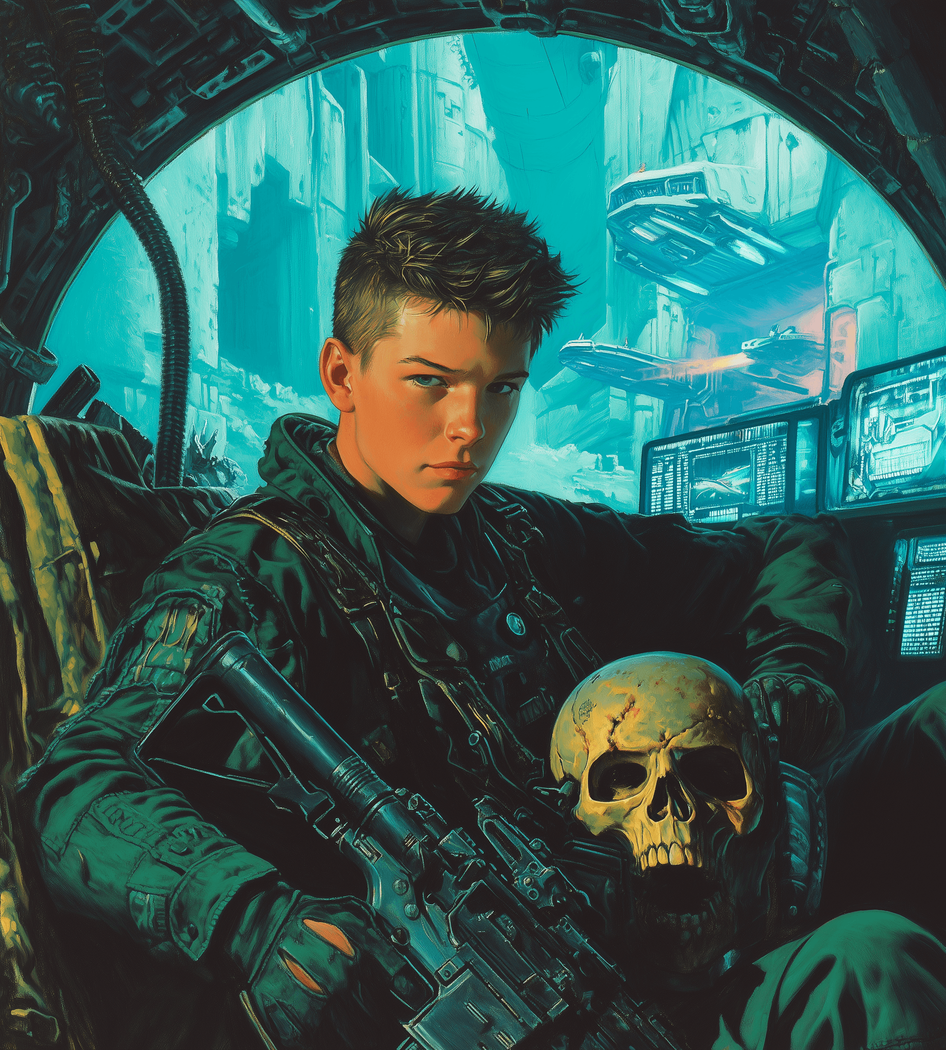 AI generated: A young man with short hair, holding an electric rifle and sitting on top of a skull-shaped helmet i...