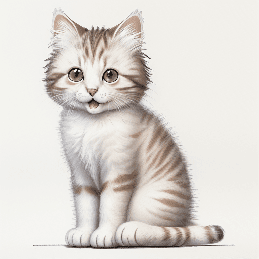 AI generated: line drawing of a happy small fluffy young adult female white with tabby patches cat sitting upright
