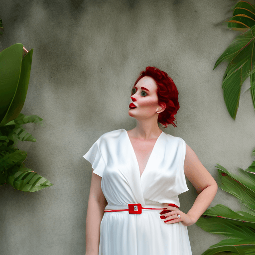 AI generated: Positive Prompt: 30 year old woman, white silk dress, red lips, (cleavage:1.3), (upper body:1.3), (f...