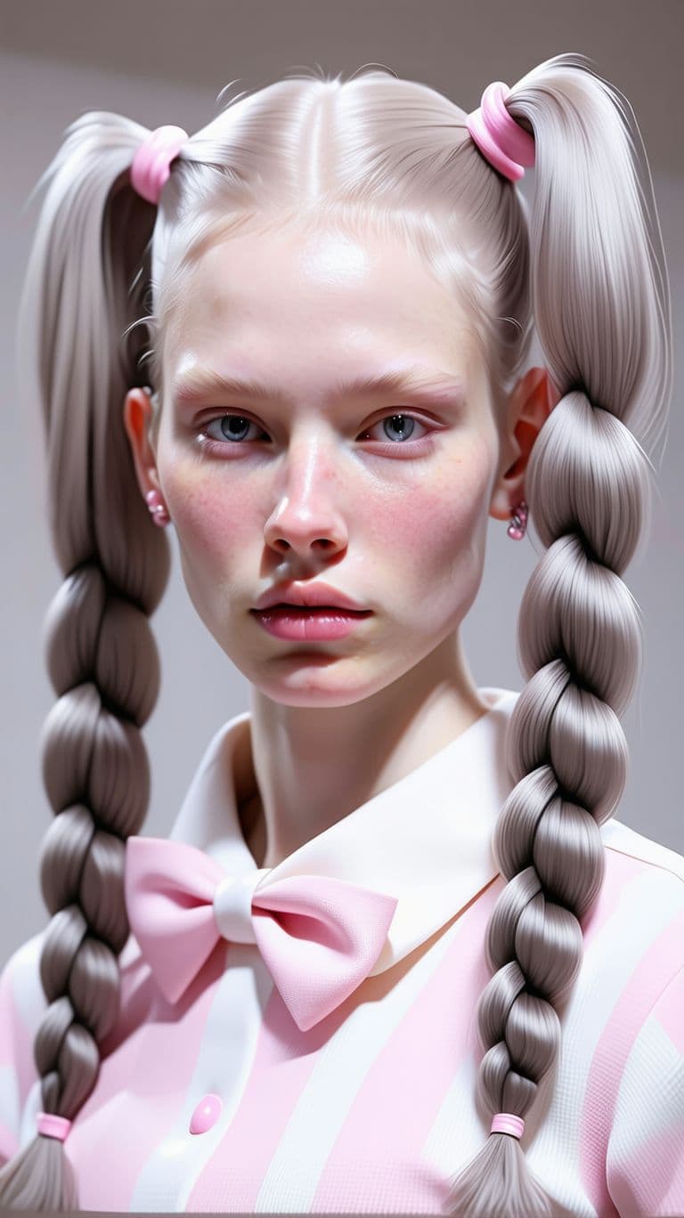 AI generated: Vogue Runway Model with long Pigtails in the style of candycore hair, pale skin and light pink lips ...
