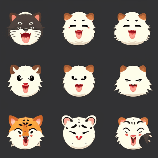 AI generated: Icons, set of icons, animal world, animals, various poses and movements, various emotions. Joy, Ange...
