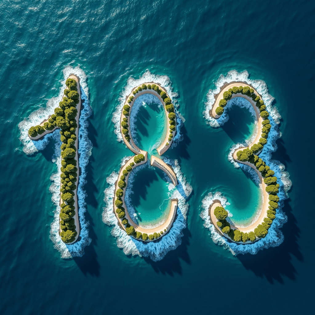 AI generated: top down photo of an group of islands forming giant number  "183" surrounded by ocean waves