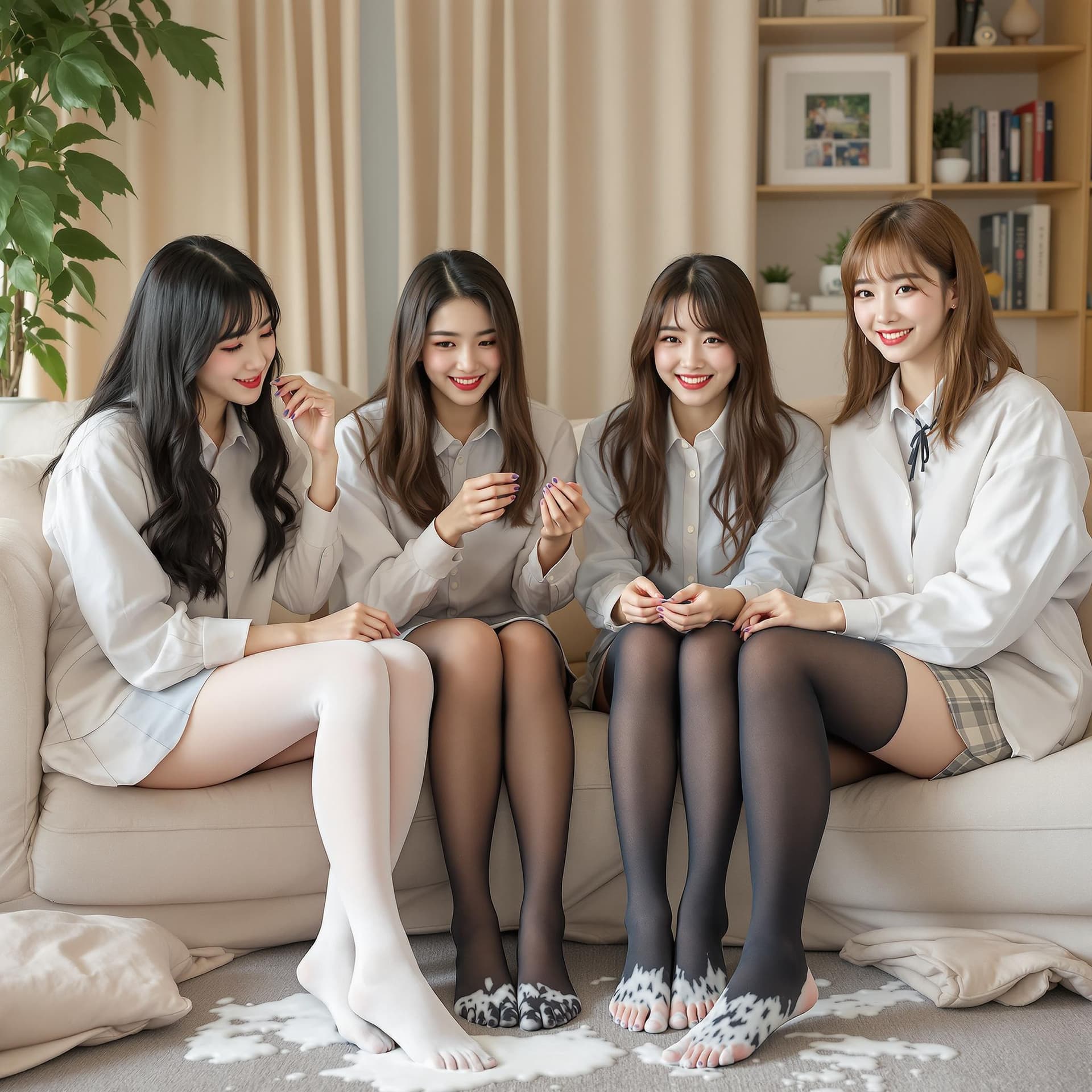 AI generated: 4 adults female students chatting and studying in a living room. Asians students. College uniforms b...