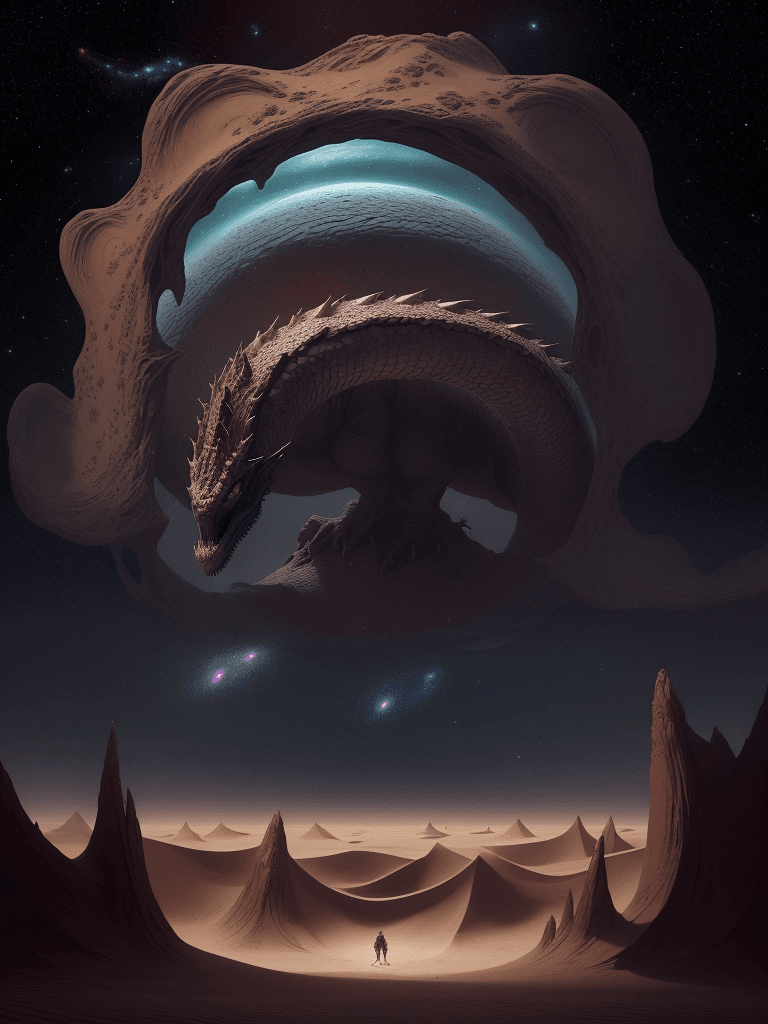 AI generated: Dune enormous big dragon in desert, scary teeth, surrounded by galaxies and stars, creating an other...