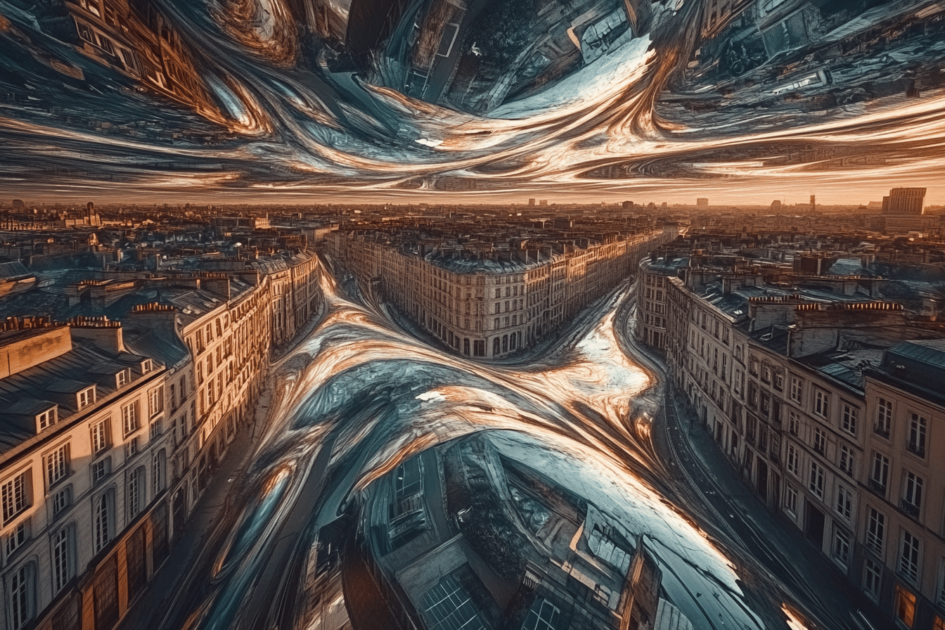 AI generated: A cityscape twisted into impossible reflections, gravity distorted as buildings fold into themselves...