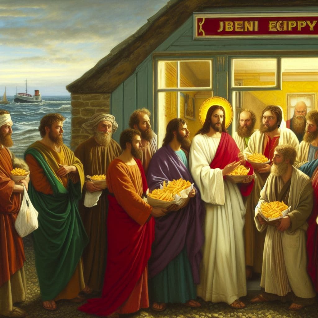 AI generated: Jesus with his 12 disciples getting chips from the chippy