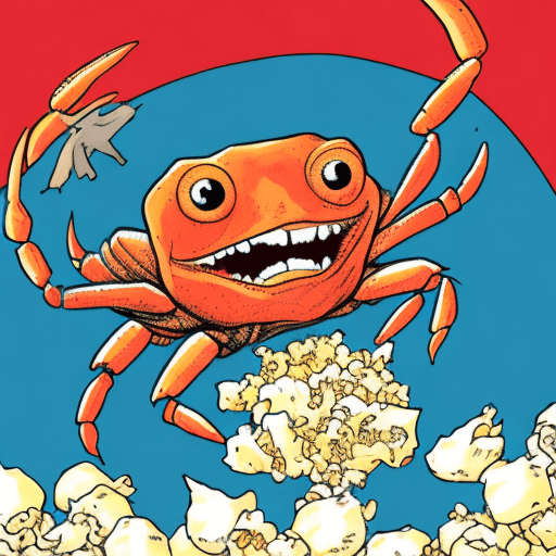 AI generated: A crab eating popcorn in comic art for children. not a scary crab. a very cute crab please. 