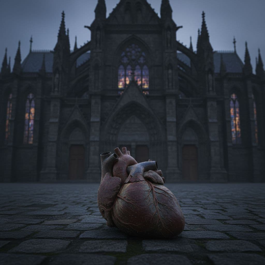 AI generated: Ultra-realistic cinematic photo of a Gothic cathedral at dusk. 
On the stone pavement in front, a d...