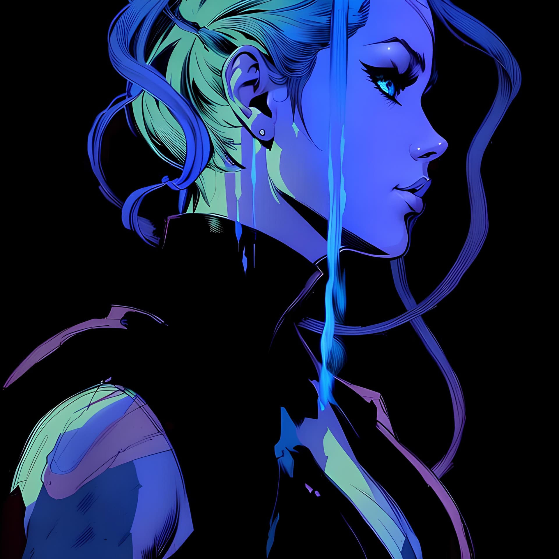 AI generated: a close up of a person with neon hair, inspired by Philippe Druillet, digital art, james jean andrei...