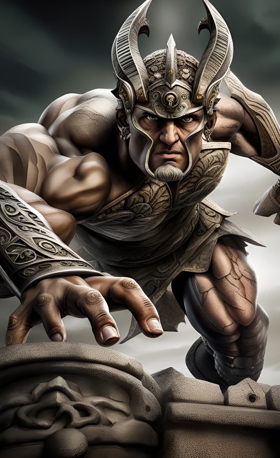 AI generated: An ancient Greek Titan Warrior, statue like texture skin tone, in an action hero pose, muscular, arm...