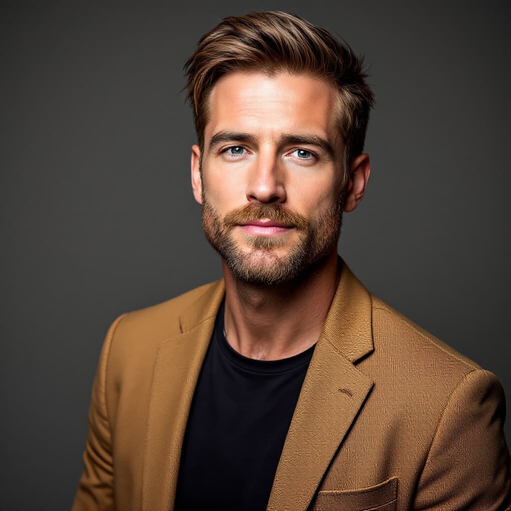 AI generated: Portrait of a 40-year-old white American man, fair skin, styled brown hair, light scruff beard, wear...