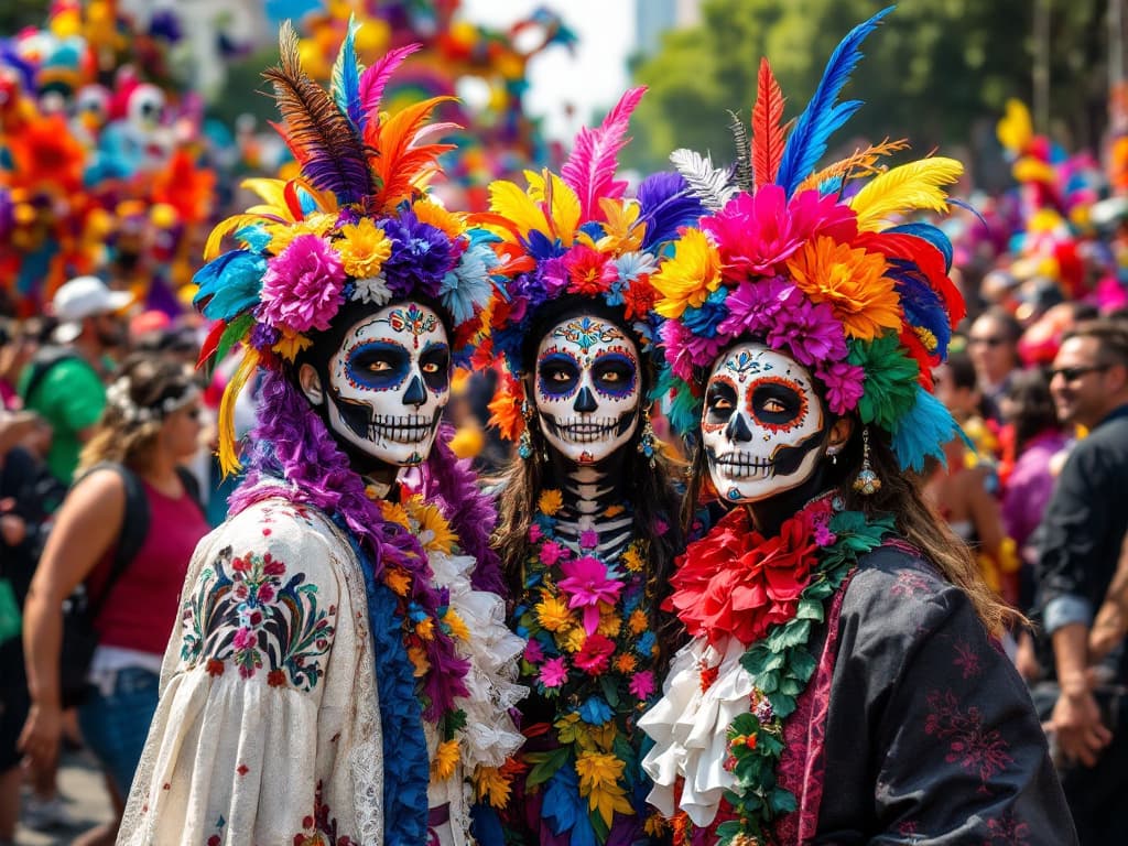AI generated: Capture a high-resolution photograph of the vibrant "Días de los Muertos" parade in Mexico City, fil...