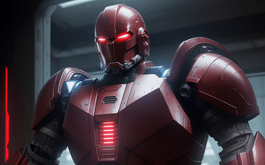 AI generated: ultra-wide photo red sci-fi armor with cyber helmet, lights on cyber mask, full armor, insulated arm...