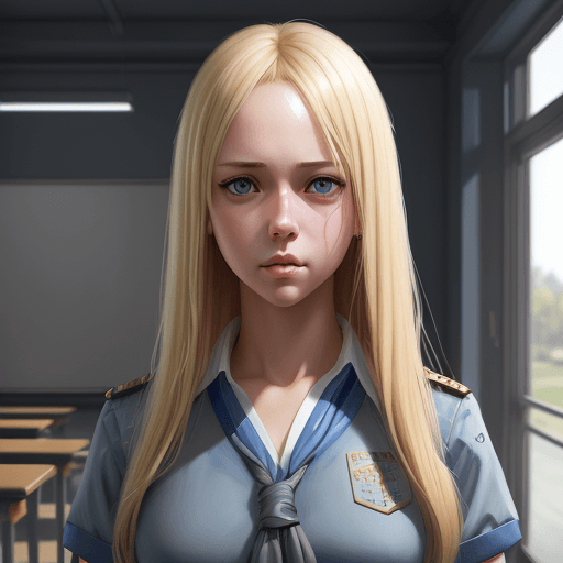 AI generated: a girl with blond hair and blue eyes standing in a school, a detailed painting by WLOP, featured on ...