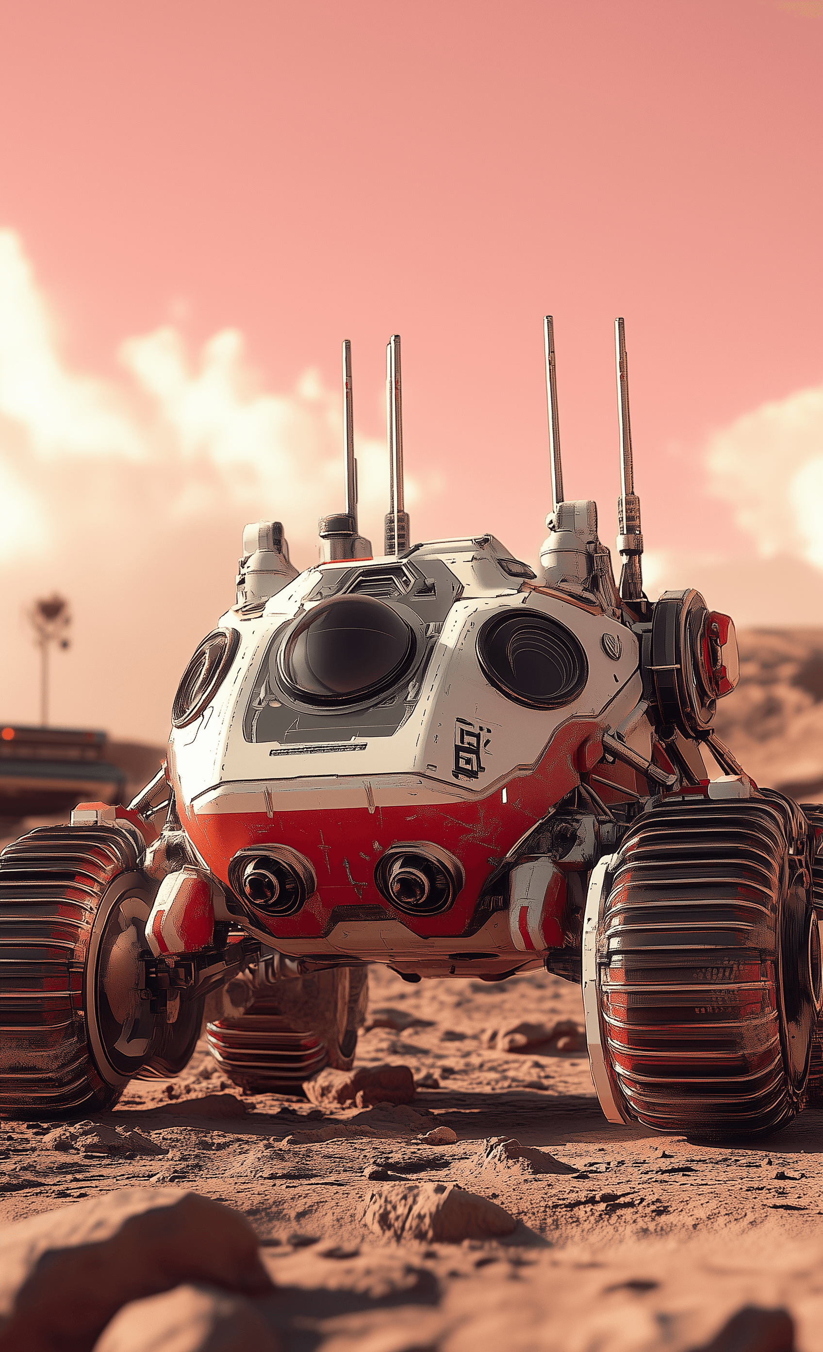 AI generated: A red and white futuristic rover vehicle with many robotic arms on the surface of Mars, in the style...
