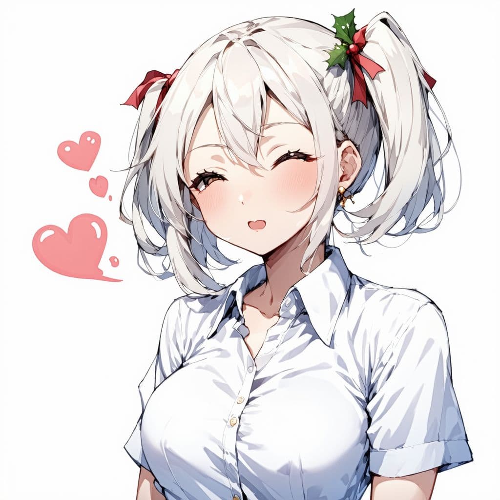 AI generated: boobs top, cleavage, twin tails, pigtails, winking face, pfp, small boobs, white christmas backgroun...