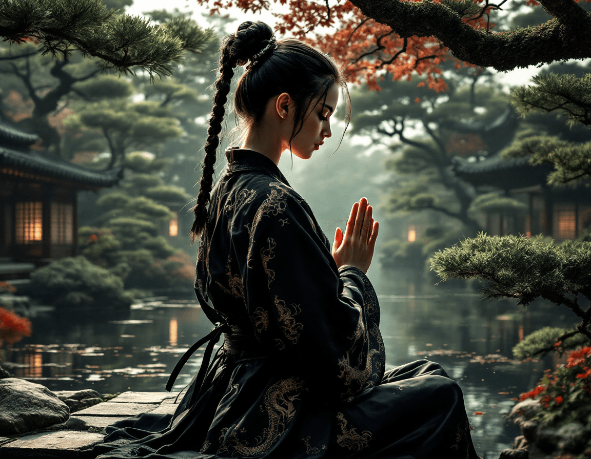 AI generated: An ultra-detailed, high contrast, elegant, gritty, side view image of a beautiful Japanese female ka...