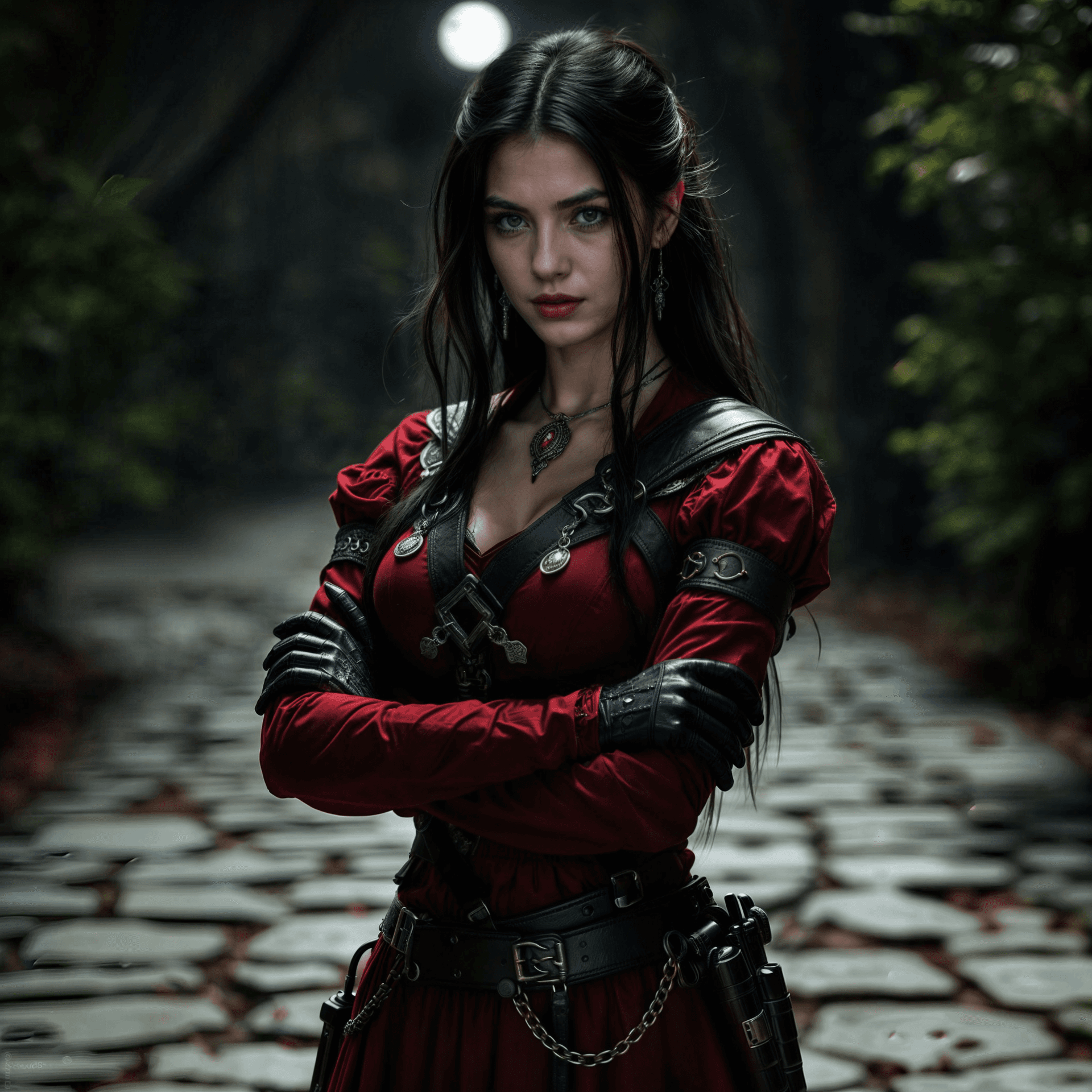 AI generated: Mysterious female, black hair, brown eyes, lipstick, red dress, long sleeves, harness, holster, blac...