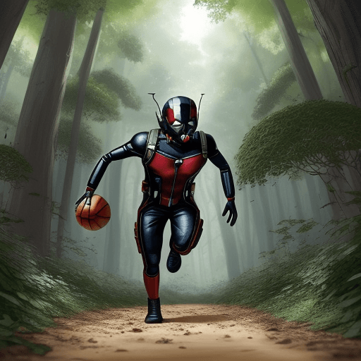 AI generated: Ant-man hero Playin basktball in the middle of many ants and wasps in a forest running away, 