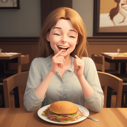 AI generated: unrealistic animated image of a happy girl tasting to wait to eat at a table at rest
