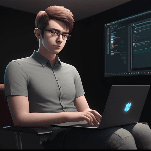 AI generated: a young man wearing glasses is using a laptop, a computer rendering by senior character artist, tren...