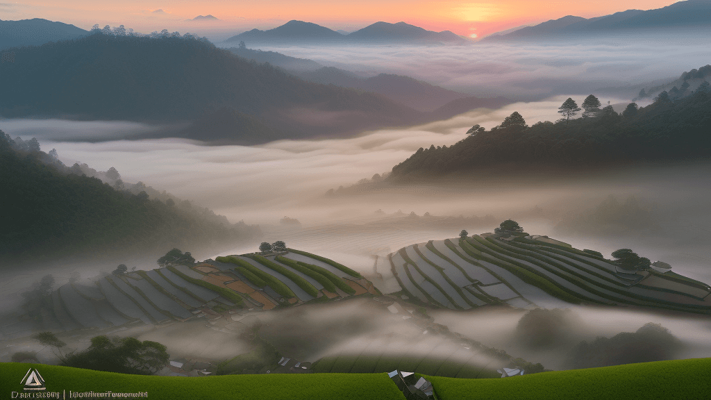 AI generated: /imagine prompt: Amidst mist-laden tea terraces, tents placed in a harmonious pattern, the first lig...