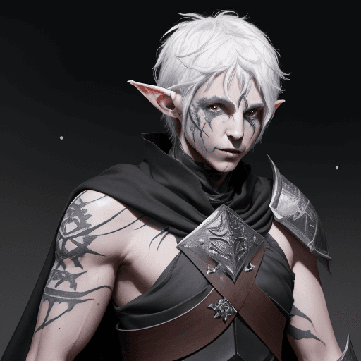 AI generated: A shadar-kai elf knight that has glowing veins with short white hair that is messy. He is wearing sl...