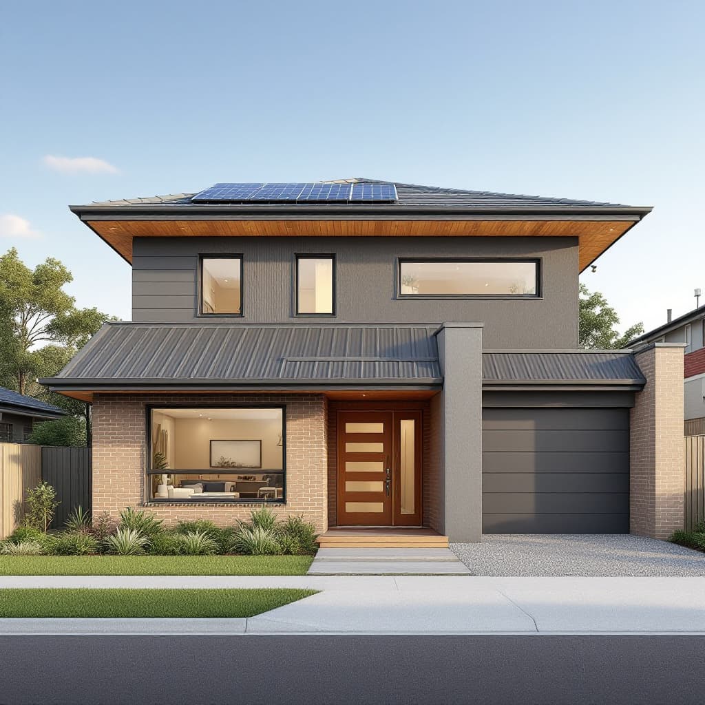 AI generated: Hyper realistic eye level exterior photo of a two story mid century modern style house in suburban s...
