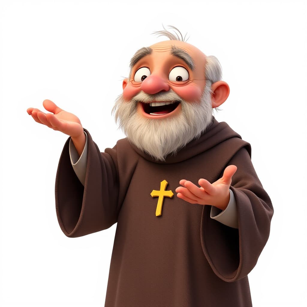 AI generated: A cute old monk preaching greetings, Pixar style, wearing cassocks, bright smile, white background -...