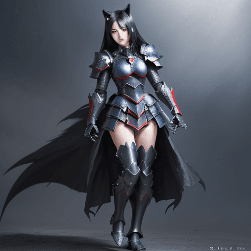 AI generated: perfect anime quality, masterpiece, wolf girl, blue and red eyes, black hair, armored, full body, be...