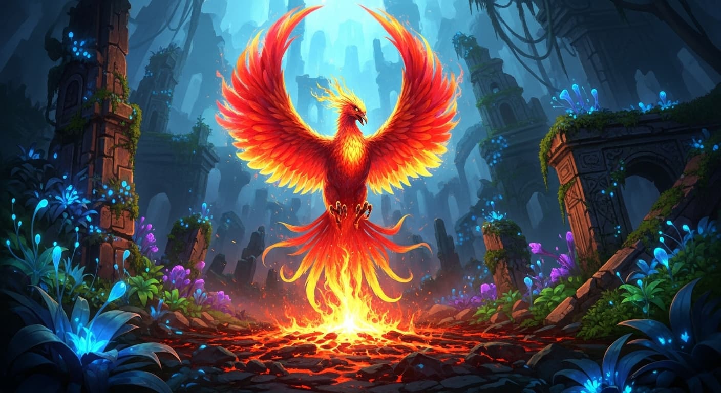AI generated: A majestic phoenix, rendered in vibrant, fiery hues, ascends from a bed of glowing embers. The scene...