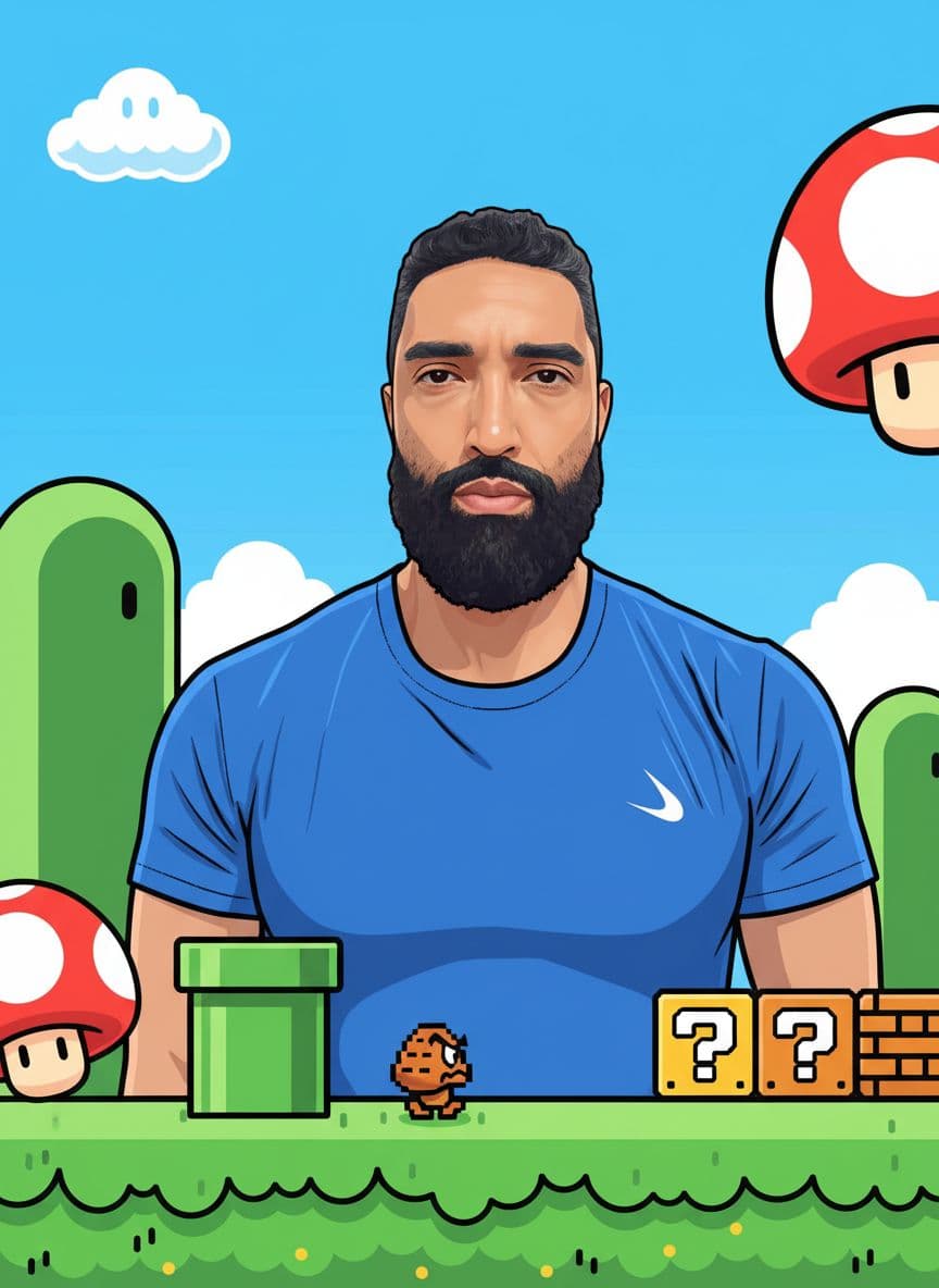 AI generated: Place him on Super Mario scenario