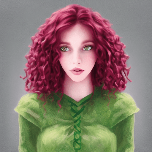 AI generated: red hair, purple eyes, curly hair, girl, european face, green dress, realistic art, fantasy