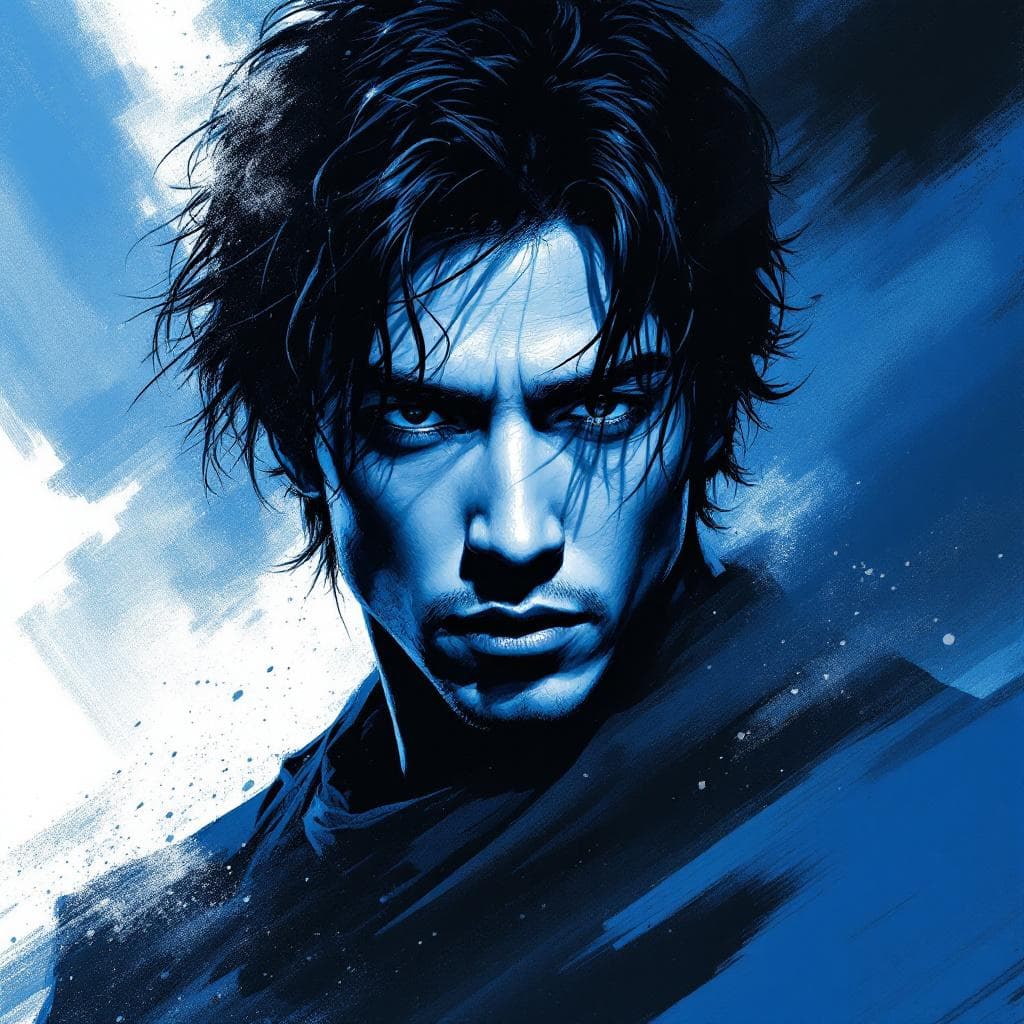AI generated: movie poster, male character in black, white and blue, in the style of yoh nagao, light-focused --ar...