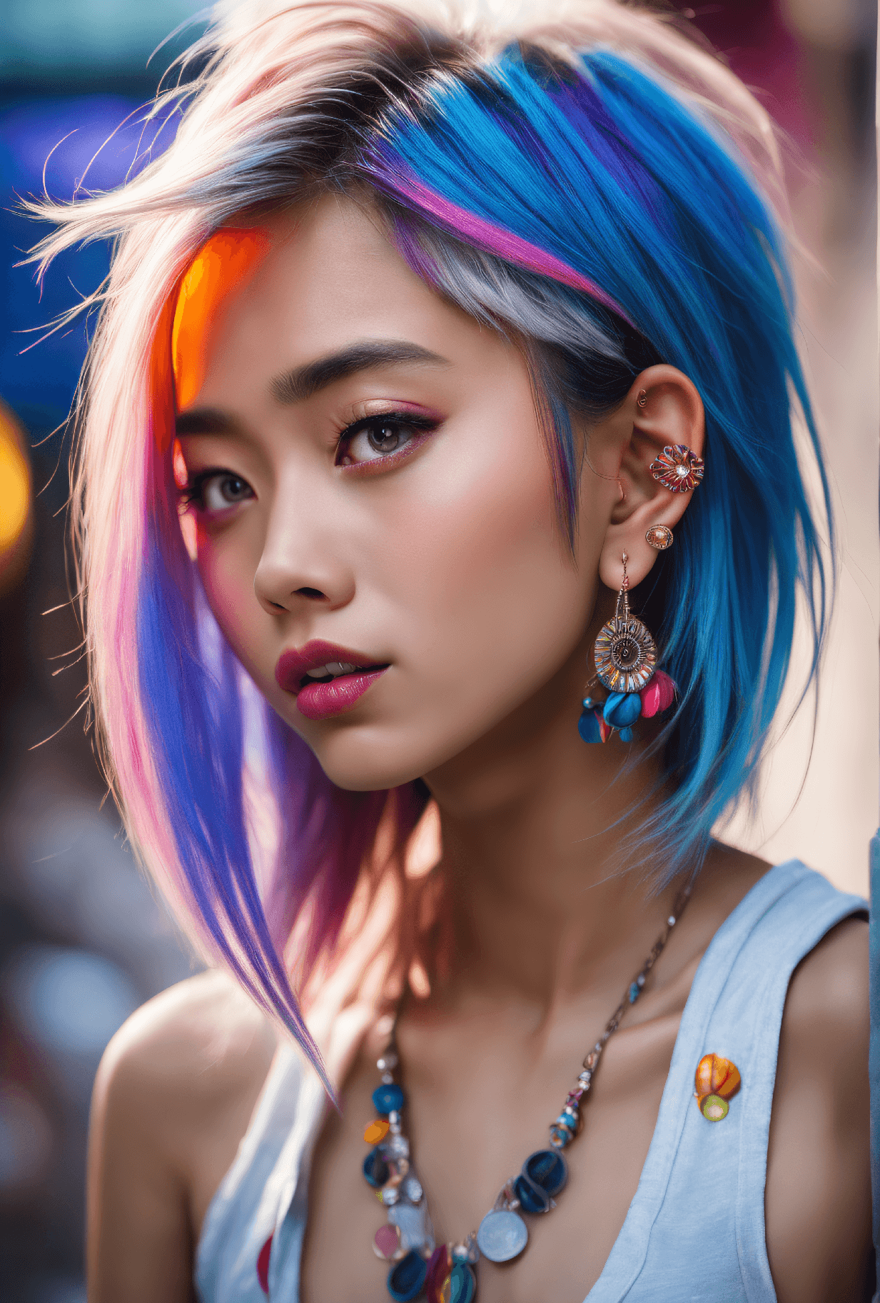 AI generated: expressionist thai girl in jeans shorts, midriff, glowing eyes , earring piercings, Punk, white hair...