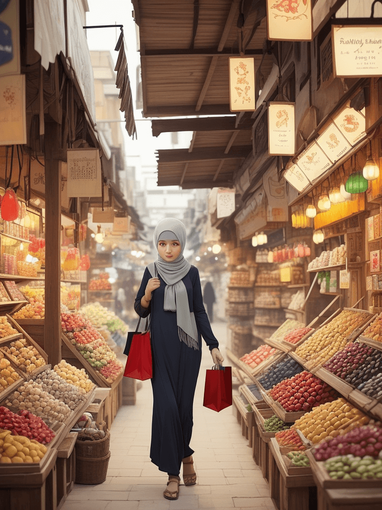 AI generated: A beautiful village girl (hijab) is shopping in a beautiful market with warm air around her, calm at...