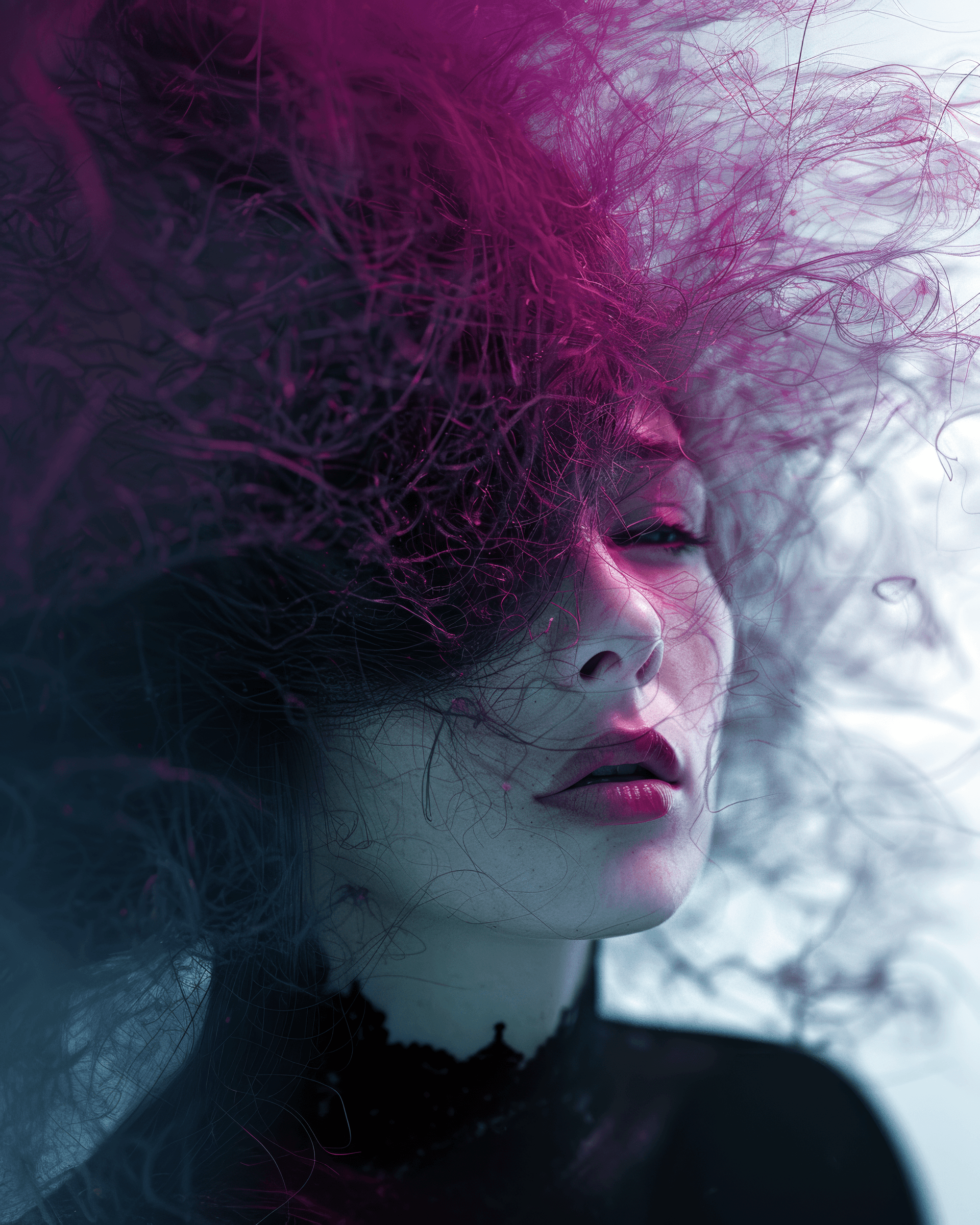 AI generated: Abstract portrait of woman with body made only of mystical energy, ip 67, in the style of light silv...