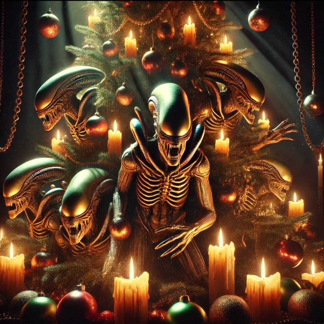 AI generated: A dark and spooky Christmas card featuring a large, dimly lit Christmas tree with classic sci-fi ali...