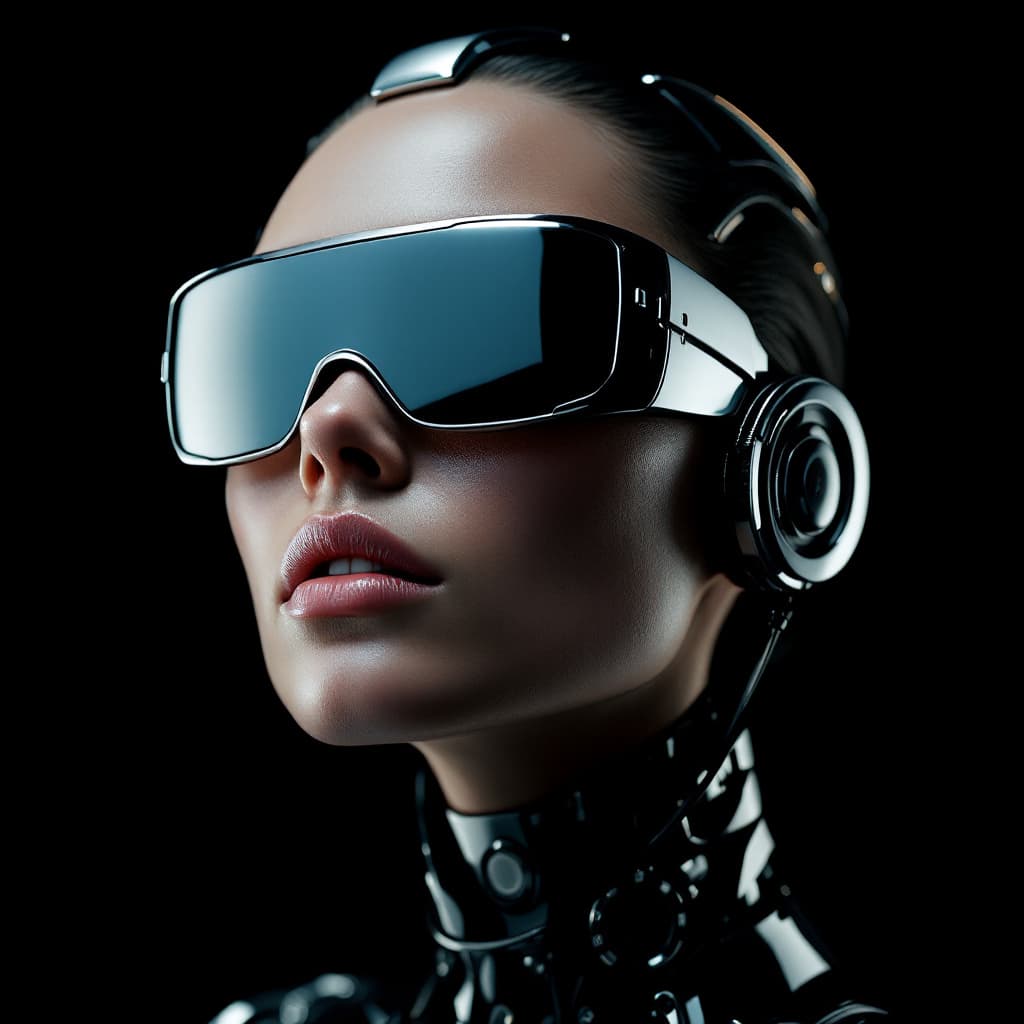 AI generated: A portrait of an android woman wearing reflective sunglasses and metallic armor against a black back...