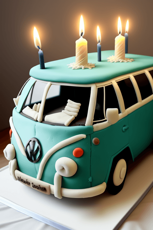 AI generated: A cake looking like an old volkswagen bulli with candles sticking in it